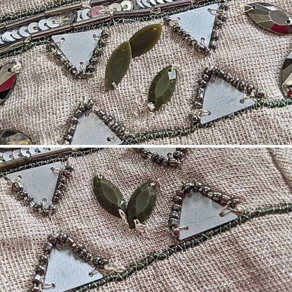 Vintage Y2K CHICOS Embellished Metallic Beige Aztec Beaded Cocktail Jacket Sz 1 - Picture 8 of 10